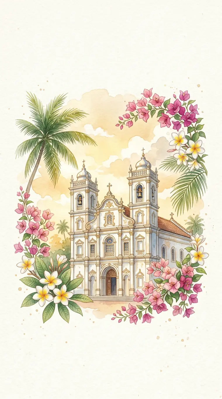 Watercolour of St. Jerome's Church framed by frangipani, bougainvillea and palms